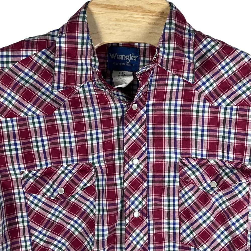Wrangler Men Large Vintage Western Red Plaid Pearl Snap Long Sleeve Shirt